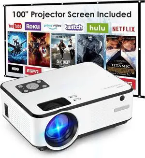 Mini Projector, C9 7500L HD Outdoor Movie Projector with 100 Inch Projector Screen - White