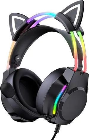Gaming Headset with Microphone, Cat Ear Headphones for PC Laptop PS4 PS5 Xbox Switch, Rainbow RGB Lighting