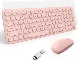 Wireless Keyboard and Mouse Combo 2.4GHz USB Ultra-Thin Cute Cordless Compact-Sized Silent Retro (Peach Pink)