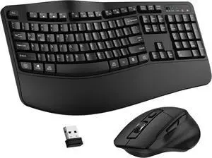 Wireless Keyboard and Mouse Combo, 2.4G Full Size Wave Keys Ergonomic Keyboard (Black)