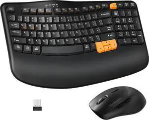 Wireless Keyboard and Mouse Combo, 2.4G Wave Keys Ergonomic Keyboard with Palm Rest and 3 DPI Silent Mouse