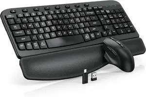 Wireless Keyboard and Mouse Combo, Ergonomic Wave Keys, Cushioned Plam Rest, 2.4G Lag-Free Full Size