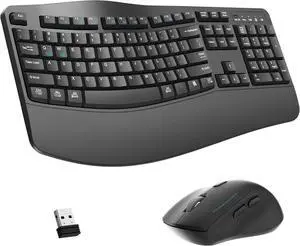 FOR-Wireless Keyboard and Mouse Combo,2.4G Full Size Wave Keys Ergonomic Keyboard with Wrist Rest for Natural Typing(Grey)