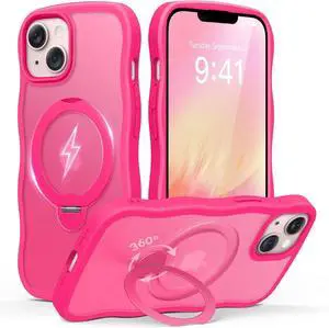 for iPhone 13 Case & iPhone 14 Case for Women,[Compatible with Magsafe][360° Spin Magnetic Stand] Hot Pink