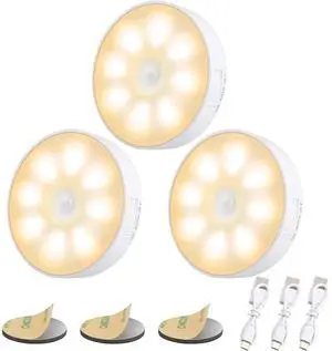 3 Pack Motion Sensor Light, 8 LEDsRechargeable Night Light, with UsB Cable &Magnetic Patch, 3 Modes, Cordless Safe WallLight for Kitchen, Bookshelves, Drawers -3000K Warm White