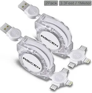 for2-Pack ASICEN Retractable Multiple 3A Fast Charging Cable Multi Charger Cord 3.3ft/1m 3 in 1 USB Charge Cord with Phone/Type C/Micro USB Connector for Phone/Galaxy s9/S8/S7/Hawei and More (White)
