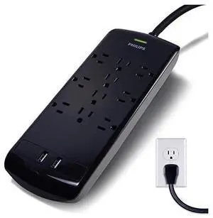 for 10 Outlet Power Strip Surge Protector, 2 USB Charging Ports, 6ft Long Power Cord, Flat Plug, Wall Mount, 2880 Joules, ETL Listed, Circuit Breaker, Automatic Shutdown, Black, SPP6710BC/37