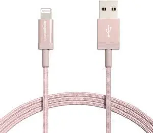 FOR Amazon Basics Nylon USB-A to Lightning Cable Cord MFi Certified Charger for Apple iPhone iPad Rose Gold 6-Ft