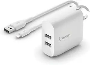 for Belkin Dual USB Charger 24W + Lightning Cable Dual USB Wall Charger Compatible with iPhone SE 11 11 Pro 11 Pro Max XS XS Max XR X 8 iPad AirPods More White WCD001dq1MWH