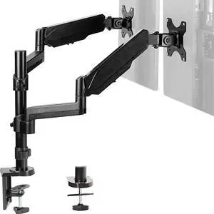 Dual Monitor Arm Mount for 17 to 32 inch Screens Pneumatic Height Adjustment Full Articulating Tilt Swivel | Heavy Duty VESA Stand with Desk Cclamp and Grommet Option STANDV002K