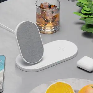Novo Dual Wireless Charger Station & Dock | Soft Linen Style Fabric | 15 Watt Fast Charge | for iPhone 16/15/14/13/12/X, for Samsung S23/S22/S21 & More