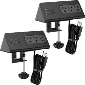 Desk Clamp Mount Power Strips, 4 USB Ports& 3 AC Outlets Charging Station, PD 20W Fast Charging USB C, 6Ft Extension Cord Desktop Power Hub, Home Office Desk Accessories, 2-Pack (Black)