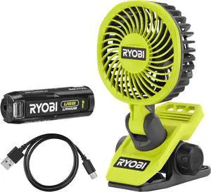 RYOBI - USB lithium fan (4 V, diameter 9 cm, 2 speeds, 120/90 rpm, head adjustable up/down and right/left, USB-C cable - 1 battery 4 V, 2.0 Ah, USB lithium, RCF-120G