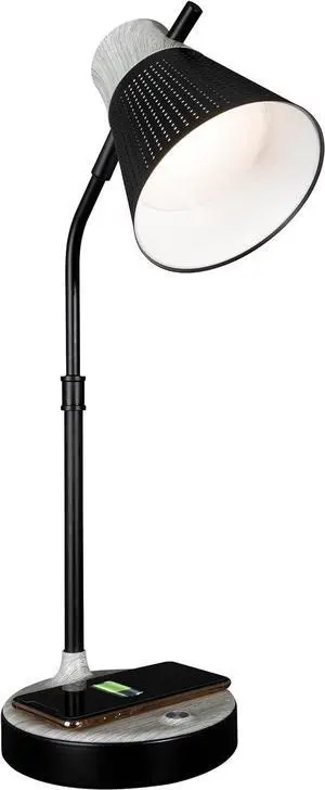 OttLite Wellness Series Wireless Charging LED Table Lamp, Black with Grey Woodgrain Accents,Touch Activated Controls, Flexible Neck, ClearSun LED Light, for Work, Study, Reading