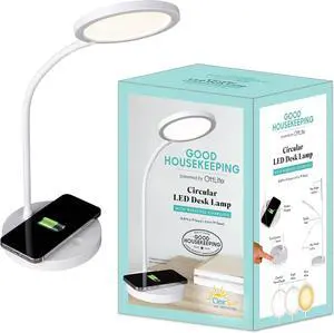 OttLite Good Housekeeping Circular LED Desk Lamp with Wireless Charging - Designed to Reduce Eyestrain - Adjustable Neck Desk Lamp for College Dorm Room, Crafting, Reading, 3 Color Modes
