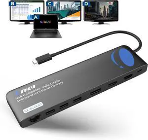 OREI USB-C Triple Monitor Docking Station Splitter USB-C to 2× HDMI & 1× DisplayPort Adapter, 100W PD, Gigabit Ethernet, 4× USB2.0/3.0, microSD Reader Windows & Mac Compatible OREI USB-C Triple Monitor Docking Station Splitter USB-C to 2× HDMI & 1× DisplayPort Adapter, 100W PD, Gigabit Ethernet, 4× USB2.0/3.0, microSD Reader Windows & Mac Compatible