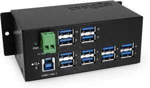 Coolgear 12 Port Industrial USB Hub w/Multi TT, Surge Protection, 5Gbps Speed, Surface or DIN Rail Mount Ready for Labs, Factories, Workstations, Automation