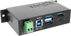Coolgear 4-Port USB A and USB C 3.1 Gen 1 Hub, SuperSpeed 5 Gb/s, Industrial Metal Enclosure, ESD Protection, Wall and Din Mountable
