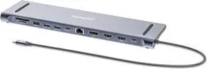 MANHATTAN USB C Docking Station 2 HDMI, 3 Monitor, 12 in 1, Triple Display Laptop Docking Station with 5Gbps USB-A/C 3.1, USB 2.0, 100W PD, Ethernet, Audio, SD/TF Card Slot - Grey