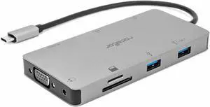 Rocstor USB-C Multiport 9-port HUB  USB Type-C to Gigabit Ethernet RJ45, HDMI 4K@30Hz, VGA 1080P 2K@60Hz, TF & SD Card Reader Slot, (2) USB 3.0 ports, 3.5mm Audio Jack, USB-C (PD3.0 100W)  Y01H01-AG
