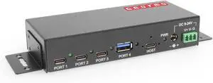 Gearmo 4-Port USB-C and USB-A 3.2 Gen 2 Hub, Industrial Surface & DIN-Rail Mount Hub with ESD Surge Protection & USB-C Upstream