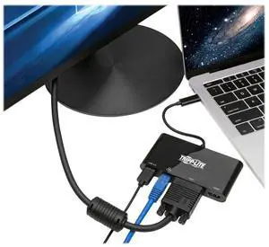 Tripp Lite U444-06N-HV4GUB USB-C Multiport Adapter Hub, 4K HDMI, VGA, USB 3.1, Gigabit Ethernet, Thunderbolt 3 Compatible, 6in Cable, Black, Cloud Care Pre-Configured Bundle Eligible (1 Pack)