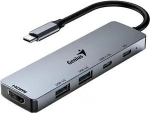 Genius UH-500 5-in-1 USB Hub, One HDMI, One USB-C 100W, One USB-C 3.0 and 2 USB-A 3.0 Data Ports for Transferring Data to Computers via USB Type-C Port