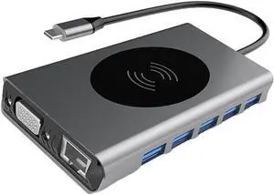 Tofficu USB Hub Adapter Type-C to VGA LAN PD Fast Charging Audio Expansion Dock for Office Use Silver