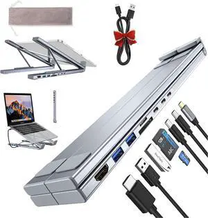 8-in-1 USB-C Laptop Stand, Adjustable Aluminum Laptop Stand Docking Station with 4K HDMI, 2 USB 3.0, 2 USB PD 100W, SD/TF Card Slots, Foldable & Portable for USB-C Laptops (1PC)
