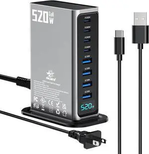 Melasta 520W USB C Charging Station, 8-Port Fast Charger Block for Multiple Devices with 4×100W PD & 4×30W USB A Ports Suitable for Laptop, Phone, Tablet | Home & Travel Use -Silver