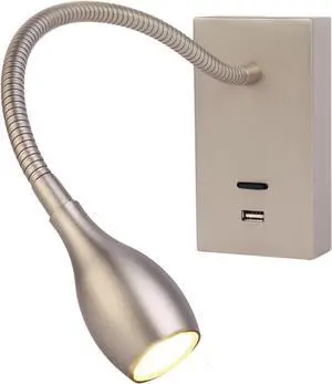 Meanyee Wall Mount Reading Lights Gooseneck Bedside lamp with Switch/USB Charge Port/Adjustable / 3W 3000K / Brushed Nickel/MY-WN198N