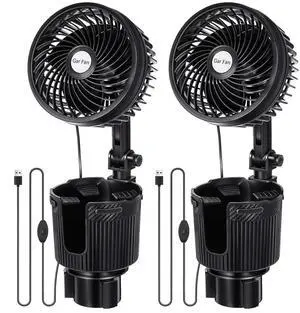 2 Pcs USB Car Fan with Cup Holder 2 in 1 6 Inch Portable Vehicle Cooling Fan Expander 2 Speeds 360 Degree Rotation Adjustable Base Cup Holder for SUV Rv Truck Sedan Boat Supplies
