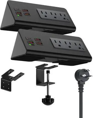 Power charge station edge clamp mount with USB-C portsTabletop Surge Protector Desk Clamp Power Sockets with 3 AC Outlets and 4 Fast Charging USB Ports for Home Office Hotel and Dormitory (Black-2pcs)