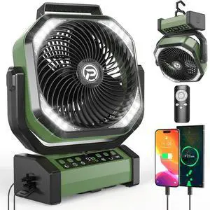 Camping Fan with LED Lantern, 20000mAh Rechargeable Battery Fan, Max 112Hrs Running,9 Speeds, Digital Display,4 Timer,Auto-Oscillating Table Fan with Remote & Hook for Camping, Power Outage, Hurricane