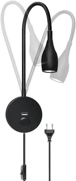 Swan Neck Lamp with Switch Touch Dimmable Wall Light with USB Charging Port Flexible Swivel with Plug and Cable Indoor Bedside Lamp Wall Reading Light LED Wall Mount Black