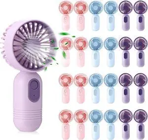 24 Pack Mini Portable Fan Bulk for Travel 3 Speeds, Rechargeable USB Battery Operated, Small Handheld Personal Eyelash Fans for Women Men Indoor Outdoor(Pink Blue Purple)