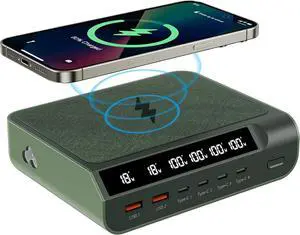 Compact 240W USB C GaN Charger - 6 Ports With Digital Display Screen, Fast Charging Multi-Port Station for Phones, Tablets, Laptops (Dark Green)