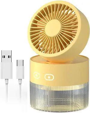 Desk Fan Portable Rechargeable USB Mini Water Cooling Spray Fan with Night Light Strong Wind 25dB Quiet Operation with 350ML Water Tank for Home Office Outdoor Yellow