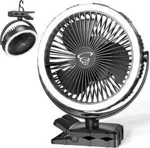 KITWLEMEN Camping Fan with Light - 10000mAh Rechargeable Battery Operated Fan, 3 Speeds, 21Hrs Max Cooling, Portable Clip on with 2.4" Clamp & Folding Hook for Camping, Golf Cart, Treadmill, Home