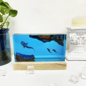 Diver Humpback Whale Table Night Light Lamp Epoxy Resin Wood Craft with LED Lights USB Rechargeable Special Gifts for Home Use (8 * 5 inch)