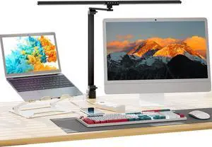 ROTOPATA Architect Desk Lamp for Home Office with Clamp & 2 Charging Port, Led Study Table Lamp with 34.65in Double Arm, 24W Detachable Light with Timing & Memory, Adjustable Brightness and Height