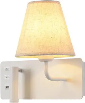 LED Rotatable Reading Lamp with USB Charging, E27 Wall Light Interior, Metal Aluminum Fabric Shade, 3000K White, Left