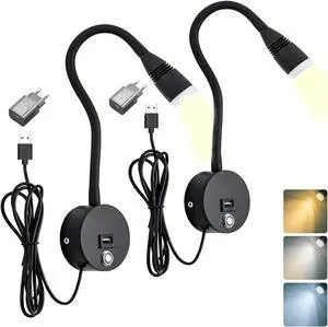 LED Reading Lamp Wall Mounted Dimmable Wall Lights with Touch Switch & USB Charging Port, 360° Flexible Gooseneck Wall Lamp Black Wall Sconces Lighting 2 Pack with USB Charger