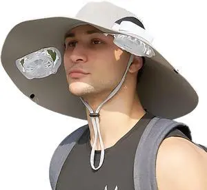 Mens Sun Hat with 2 Fan, Summer Cooling Wide Brim Bucket Hat, Beach Hat Garden Hat, Solar + USB Dual Power Supply