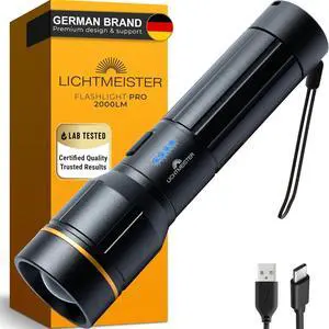 LICHTMEISTER® Flashlight (2000 Lumens, 5000 mAh Battery)  Rechargeable Flashlight  Flashlights High Lumens  Tactical Flashlight  Flashlight Rechargeable - Extra Bright LED Flashlight