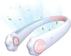 Cartoon Hanging Neck Fan Portable, Mini USB Cat Claw Bladeless Fan, Hands Free Neckband Silent Fan, Air Cooler Wearable Fan for Sport Office Outdoor, Kids Girls Boys Women Gift White