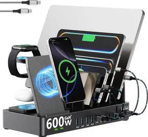 600w Charging Station for Multiple Devices, 15 in 1 Wireless Charger with 2pack 100w USB C Charger Cable, Dual 100w USB C Tablet Charging Station for MacBook,iPhone,iPad,Tablet(Black)