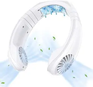 Hands Free Portable Neck Fan, Mini USB Rechargeable Neck Cooler Fan with 3 Speeds, Personal Air Conditioner Hanging Neckband Cooling Fan for Summer Home Office Sport Indoor Outdoor White