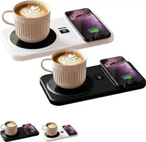 Coffee Mug Warmer and Phone Charger, 2 in 1 Wireless Charger Drink Heating Warmer Magnetic USB Wireless Charging, 3 Heat Settings Temperature Controlled, 8H Auto Off, Safe for Heating (Black+White)
