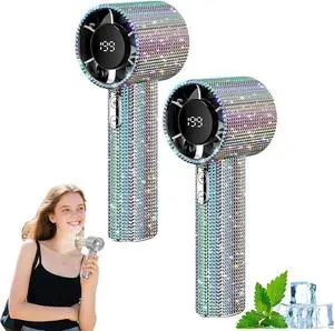 Diamond Portable Fan, Full Diamond Mini Handheld 3 Gear Fans, 199 Wind Speed, 1800mAh, USB Rechargeable with Led Display, Gifts for Women Men Travel Office Outdoor Makeup (2 Pcs-b)